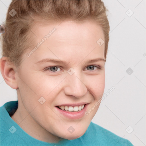 Joyful white young-adult male with short  brown hair and blue eyes