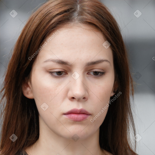 Neutral white young-adult female with long  brown hair and brown eyes