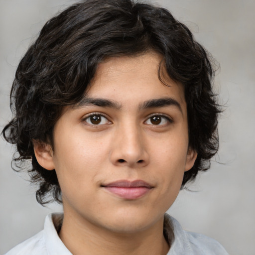 Joyful white young-adult male with medium  brown hair and brown eyes