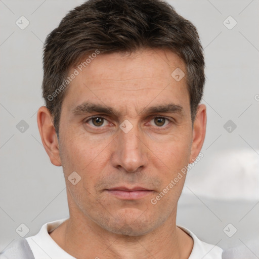 Neutral white adult male with short  brown hair and brown eyes