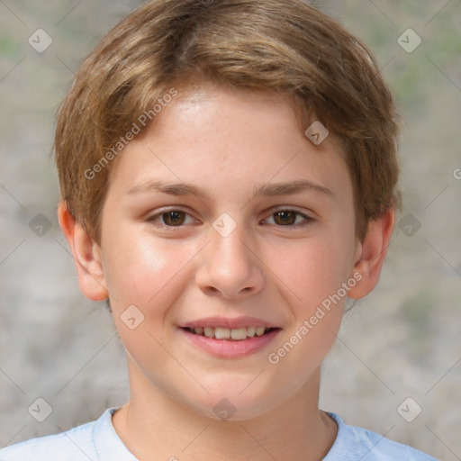 Joyful white child female with short  brown hair and brown eyes