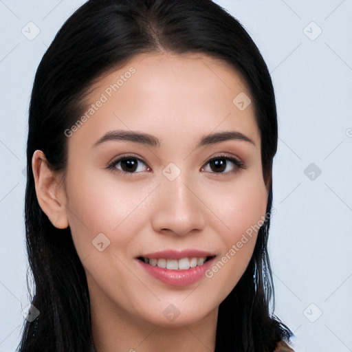 Joyful white young-adult female with long  black hair and brown eyes