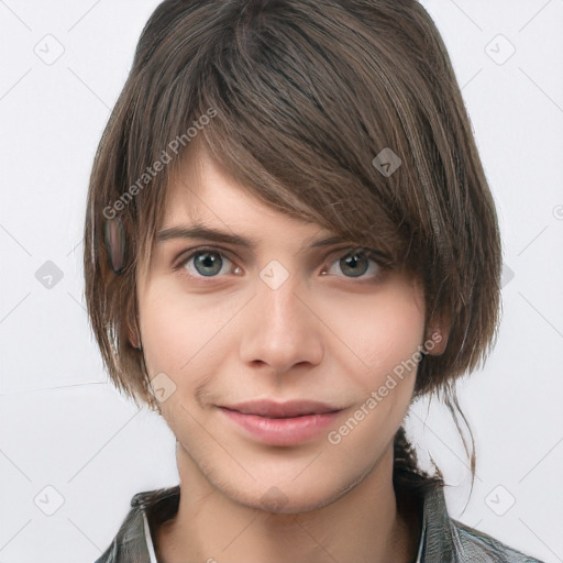 Neutral white young-adult female with medium  brown hair and brown eyes