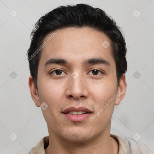 Joyful white young-adult male with short  black hair and brown eyes