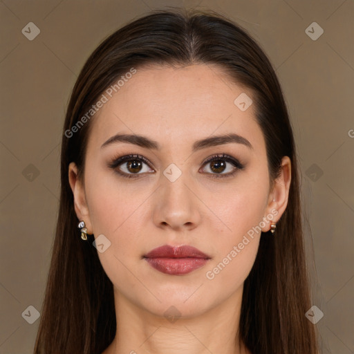 Neutral white young-adult female with long  brown hair and brown eyes