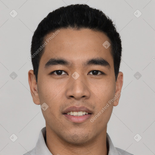 Neutral asian young-adult male with short  black hair and brown eyes