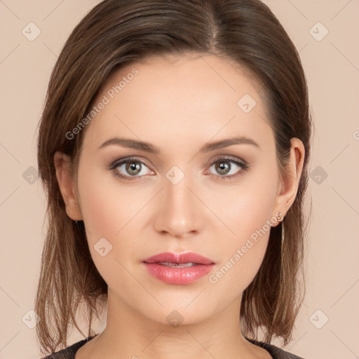 Neutral white young-adult female with medium  brown hair and brown eyes