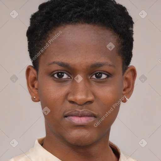 Neutral black young-adult female with short  brown hair and brown eyes