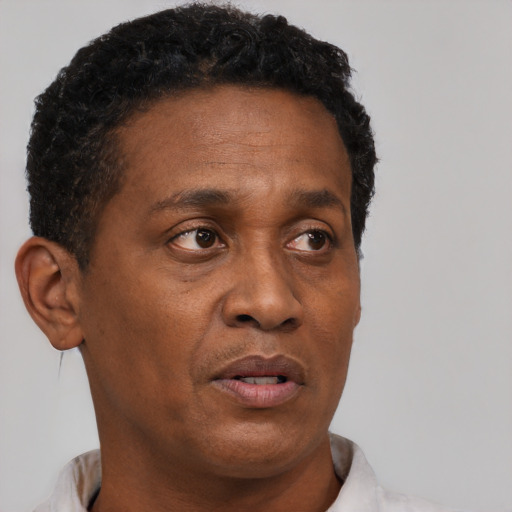 Neutral black adult male with short  brown hair and brown eyes