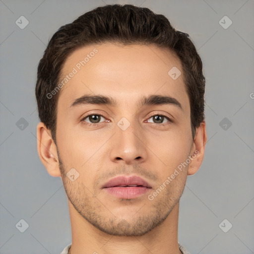 Neutral white young-adult male with short  brown hair and brown eyes