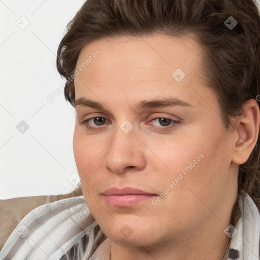 Neutral white young-adult female with medium  brown hair and brown eyes