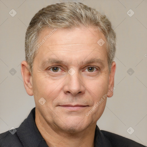 Neutral white middle-aged male with short  brown hair and brown eyes