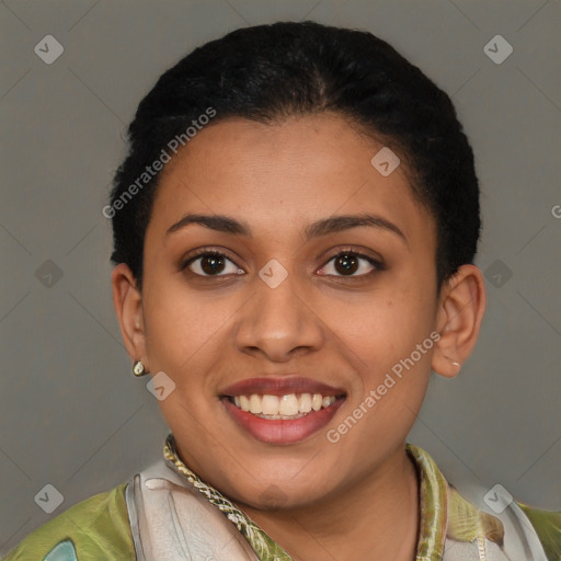 Joyful latino young-adult female with short  brown hair and brown eyes