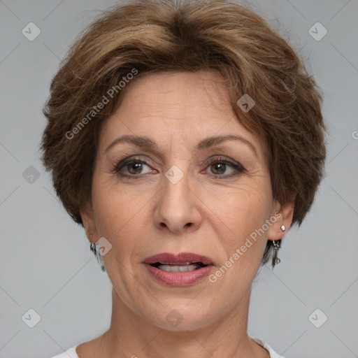 Joyful white adult female with short  brown hair and brown eyes