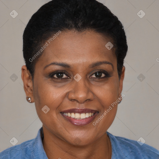 Joyful black adult female with short  brown hair and brown eyes