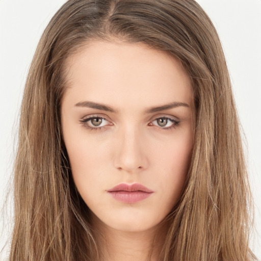 Neutral white young-adult female with long  brown hair and brown eyes