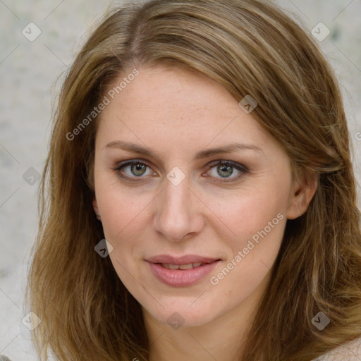 Joyful white young-adult female with medium  brown hair and green eyes