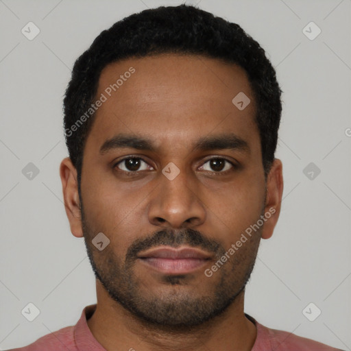 Neutral latino young-adult male with short  black hair and brown eyes