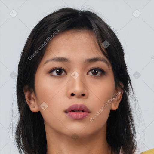 Neutral asian young-adult female with long  brown hair and brown eyes