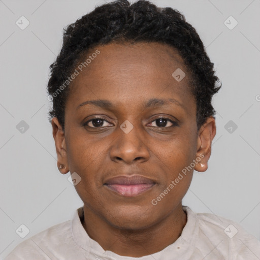Neutral black young-adult female with short  black hair and brown eyes