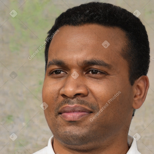Joyful black young-adult male with short  black hair and brown eyes