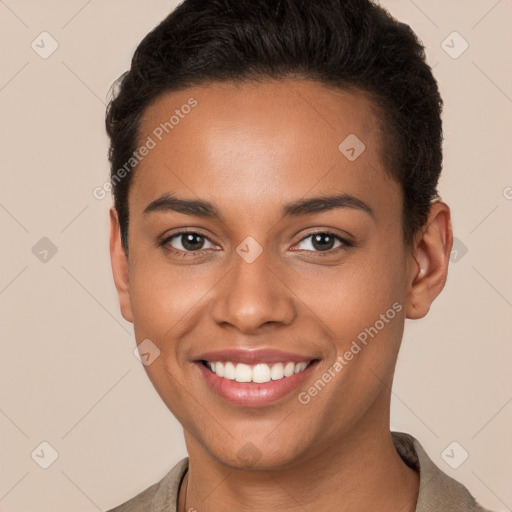 Joyful white young-adult female with short  brown hair and brown eyes