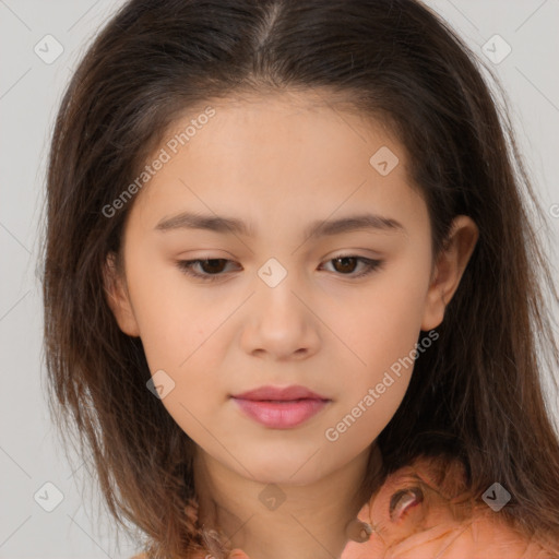 Joyful white child female with medium  brown hair and brown eyes