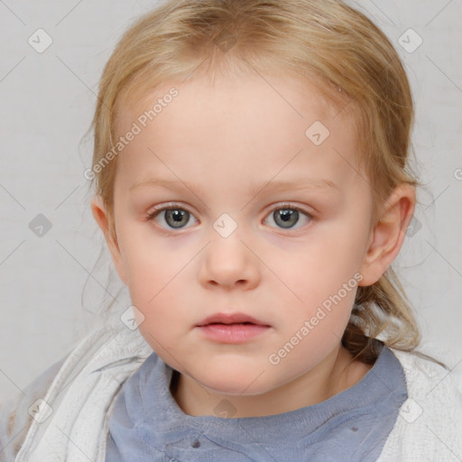 Neutral white child female with medium  brown hair and blue eyes