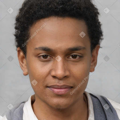 Joyful latino young-adult male with short  brown hair and brown eyes