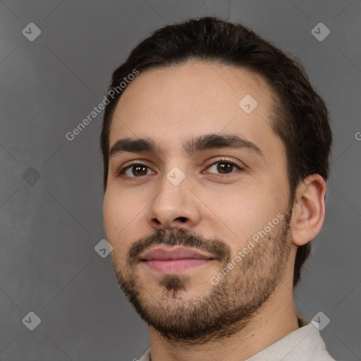 Neutral white young-adult male with short  brown hair and brown eyes