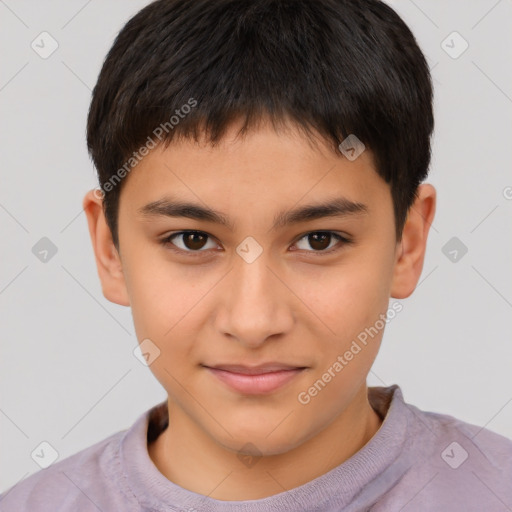 Joyful white child male with short  brown hair and brown eyes