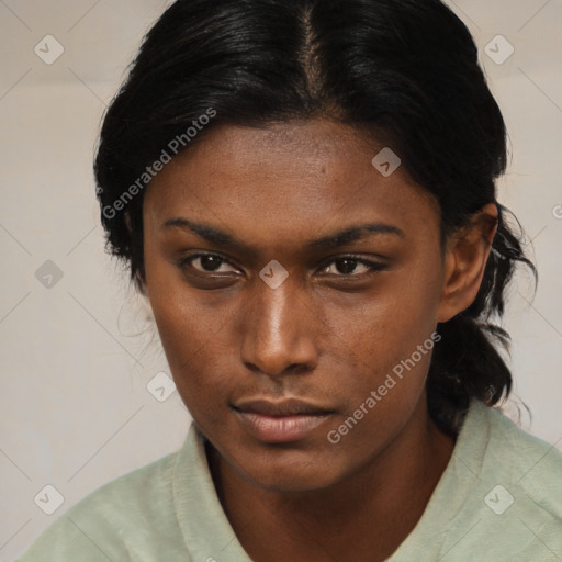 Neutral black young-adult female with medium  brown hair and brown eyes