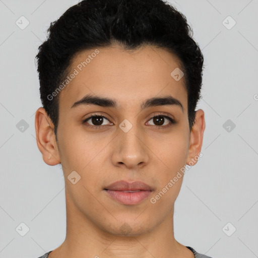 Neutral latino young-adult male with short  black hair and brown eyes