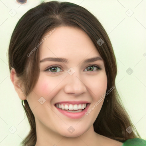 Joyful white young-adult female with medium  brown hair and green eyes