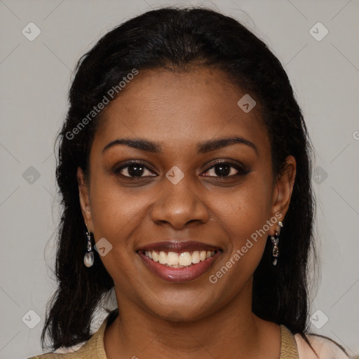 Joyful black young-adult female with medium  brown hair and brown eyes