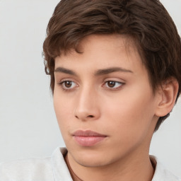 Neutral white young-adult female with short  brown hair and brown eyes