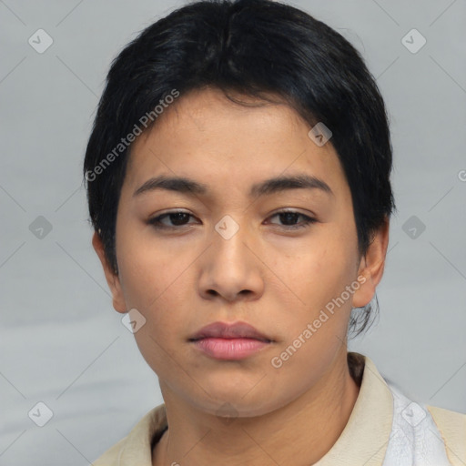 Neutral asian young-adult female with short  black hair and brown eyes