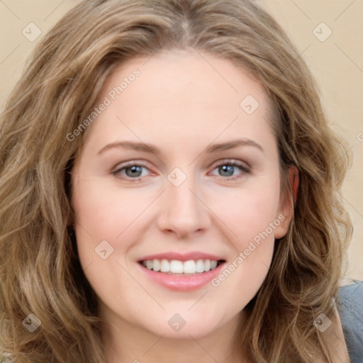 Joyful white young-adult female with long  brown hair and green eyes