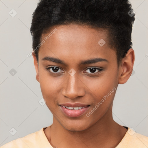 Joyful black young-adult female with short  brown hair and brown eyes