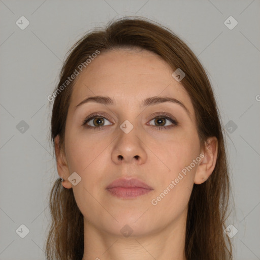 Neutral white young-adult female with long  brown hair and brown eyes