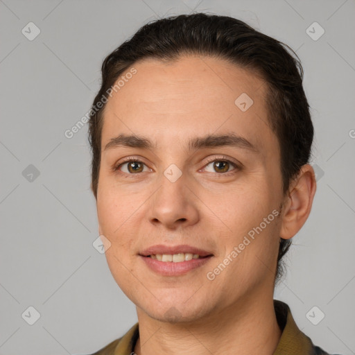 Joyful white young-adult female with short  brown hair and brown eyes