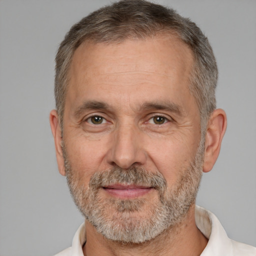 Neutral white middle-aged male with short  brown hair and brown eyes