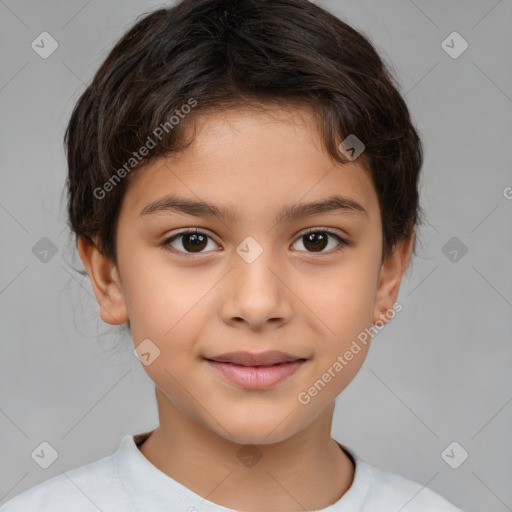 Joyful white child female with short  brown hair and brown eyes