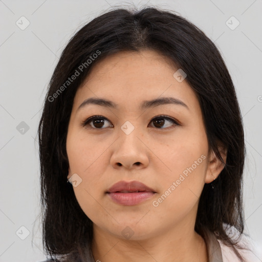 Neutral asian young-adult female with medium  brown hair and brown eyes