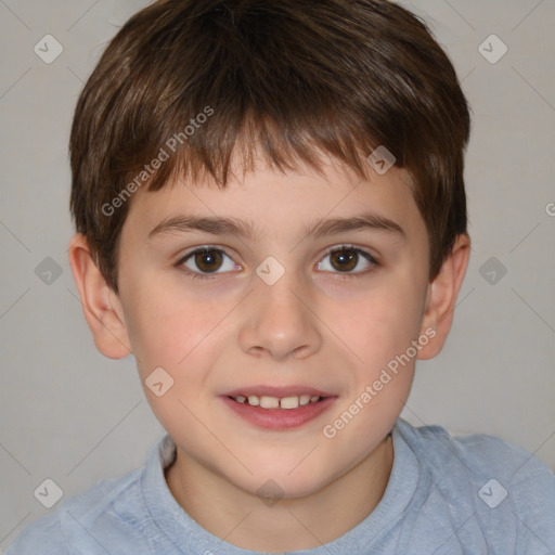 Joyful white child male with short  brown hair and brown eyes