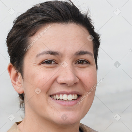 Joyful white young-adult female with short  brown hair and brown eyes