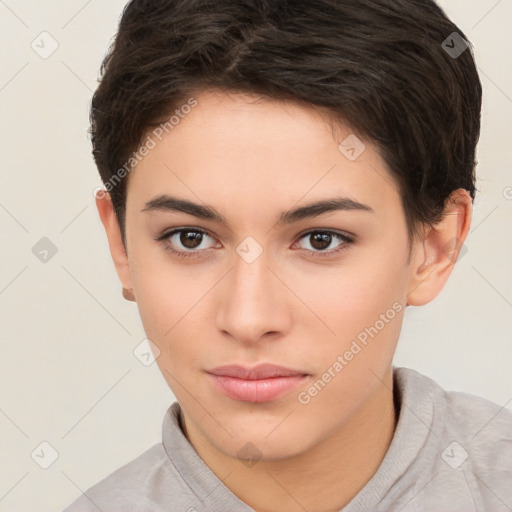 Neutral white young-adult female with short  brown hair and brown eyes