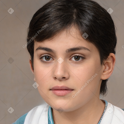 Neutral white young-adult female with medium  brown hair and brown eyes