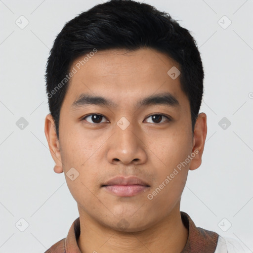 Neutral asian young-adult male with short  black hair and brown eyes