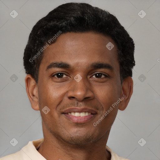 Joyful latino young-adult male with short  brown hair and brown eyes